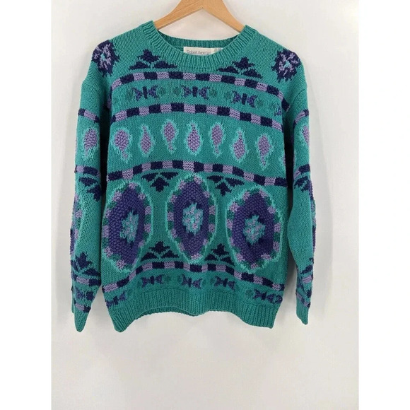 Robert Scott Ltd Women's Pullover Knit Sweater Blue Paisley MEDIUM Hand Knitted - Picture 5 of 15
